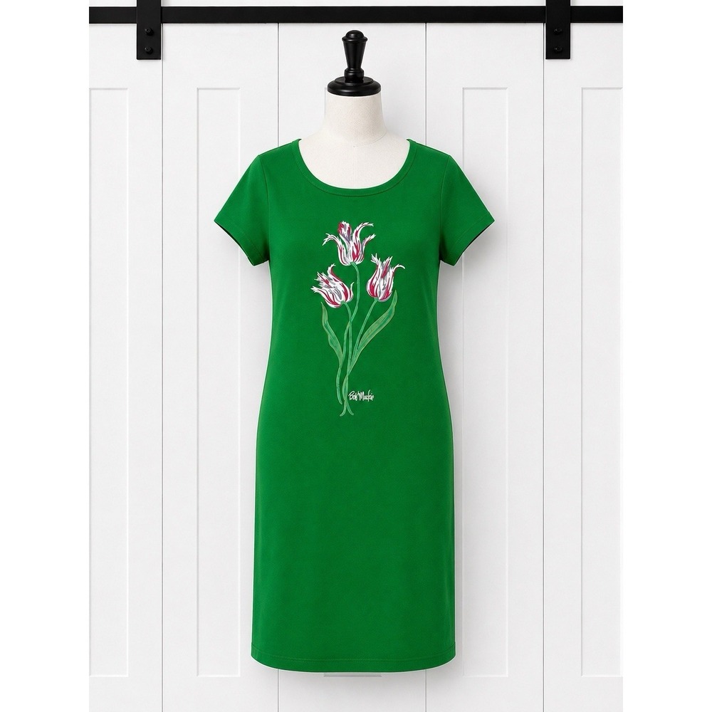 New Bob Mackie Green Floral Embroidery Applique Wearable Art Cottonβ Knit Dress